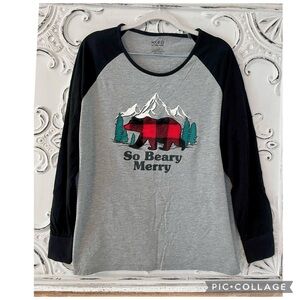 HOLIDAY FAM JAMS SO BEARY MERRY FLEECE BEAR RAGLAN MOUNTAIN TREES PAJAMA SHIRT